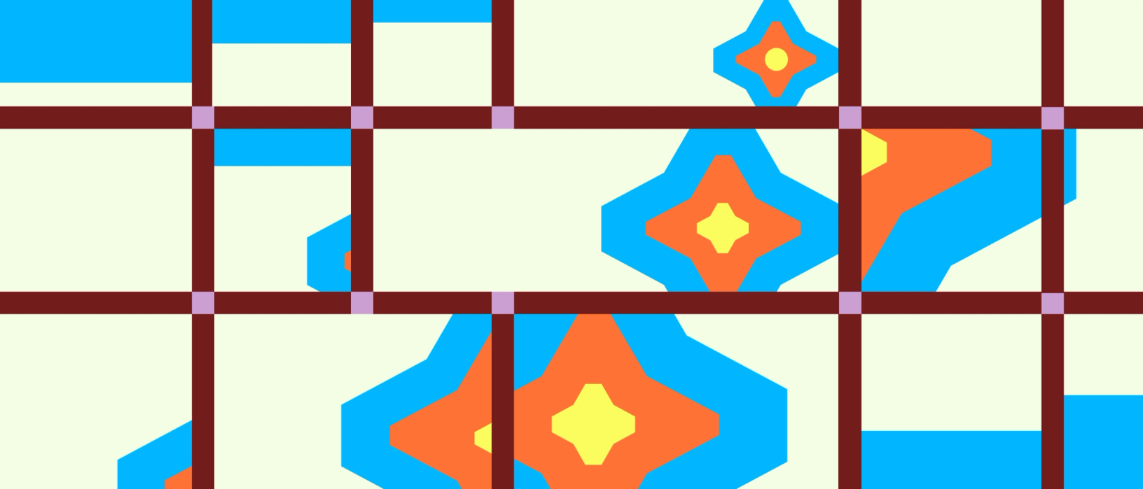 An abstract geometric pattern features a grid of maroon lines intersecting with purple squares at the intersections, creating a checkerboard effect. The background is light beige, and within some of the squares, there are vibrant star-shaped designs with blue, orange, and yellow colors. The overall composition presents a visually striking and colorful arrangement.