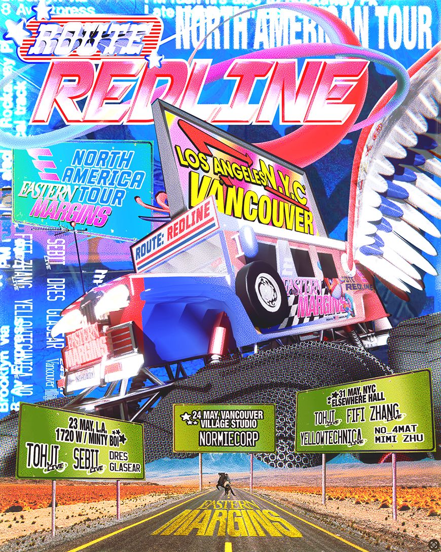 Colorful tour poster with 3D bus, city names, performer lineup, and signage for Eastern Margins' REDLINE tour.