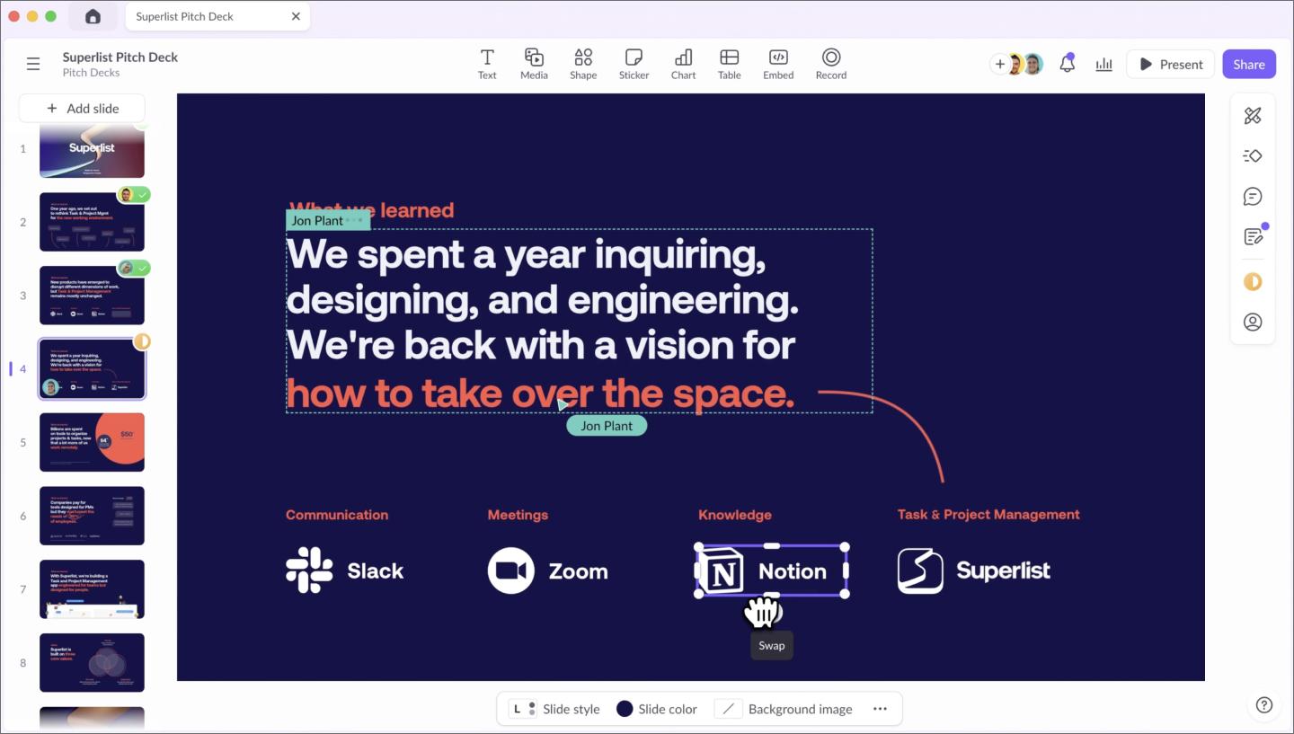 Pitch presentation software screen showing smart layout blocks and live data charts, designed for creating high-polish visual storytelling decks.