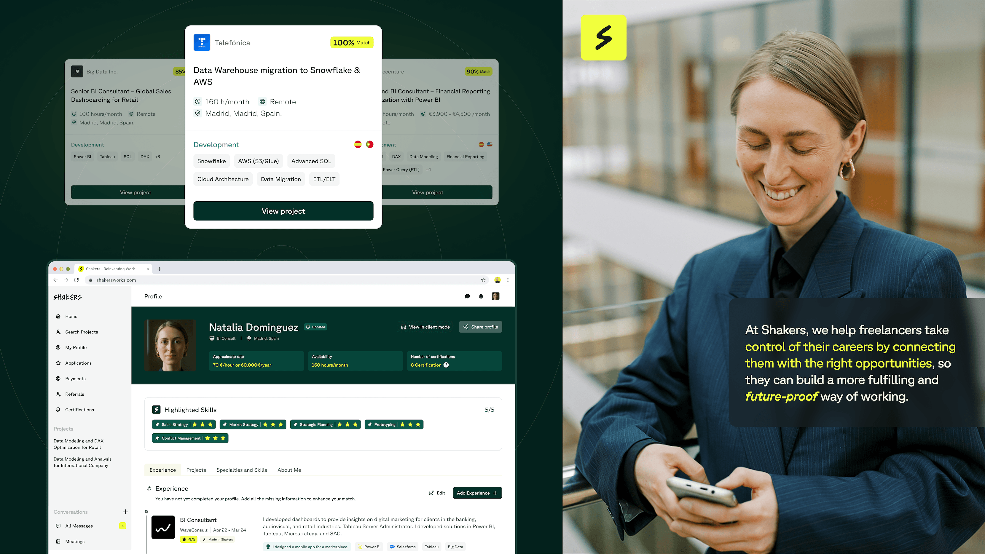 An image showing several screenshots of Shakers’ interfaces on the left and a photo of a person looking at their phone on the right, with promotional text overlaid.