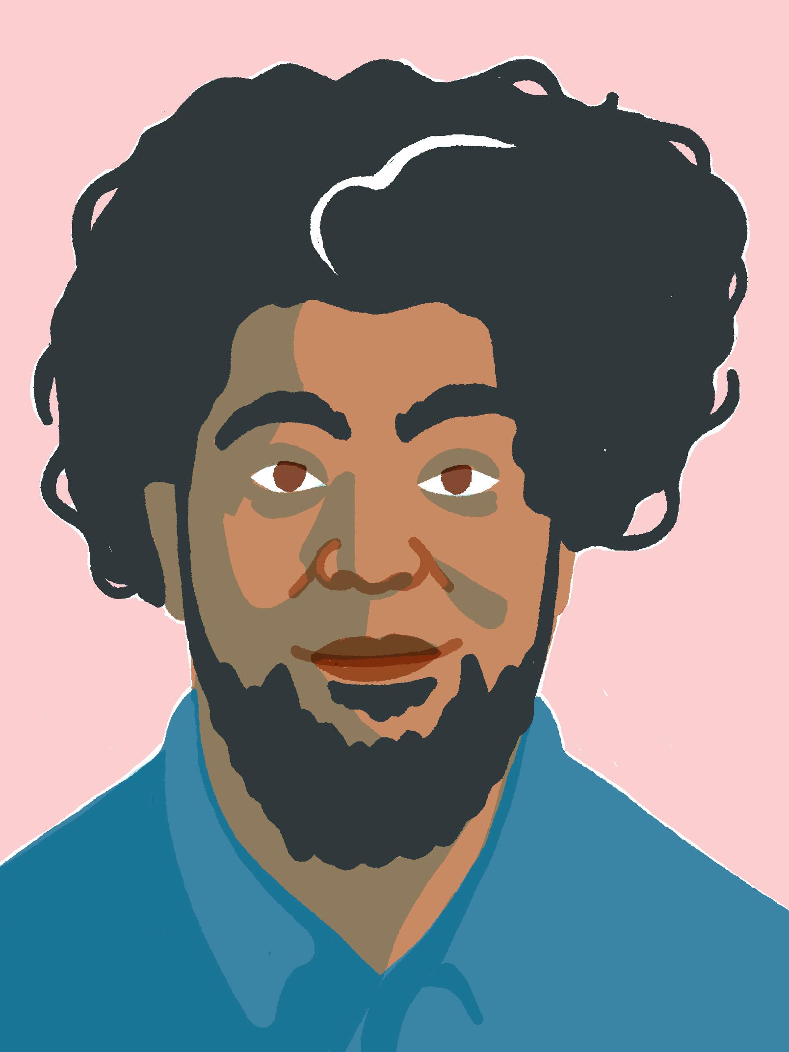 Illustration of a man with dark, curly hair and a beard