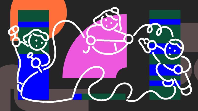 An illustration of three people hammering, measuring, and sanding an abstract shape over a colorful background