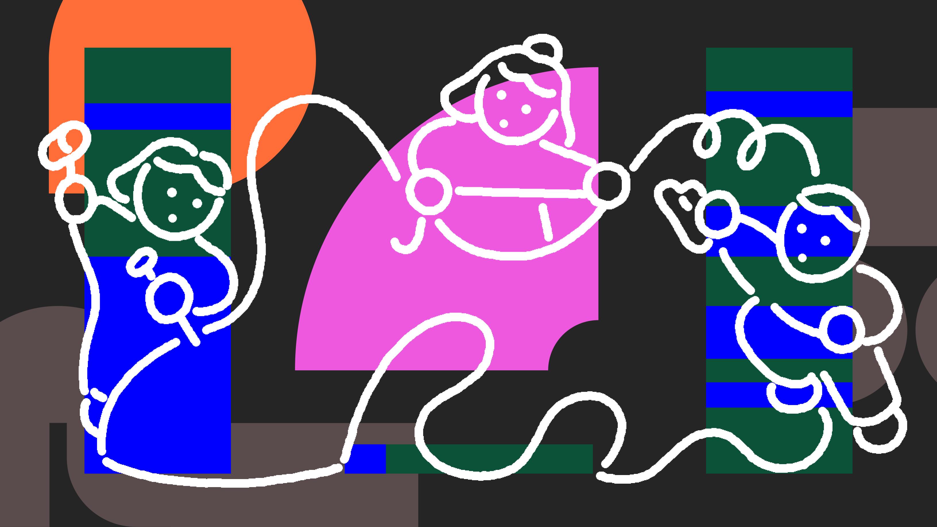 An illustration of three people hammering, measuring, and sanding an abstract shape over a colorful background