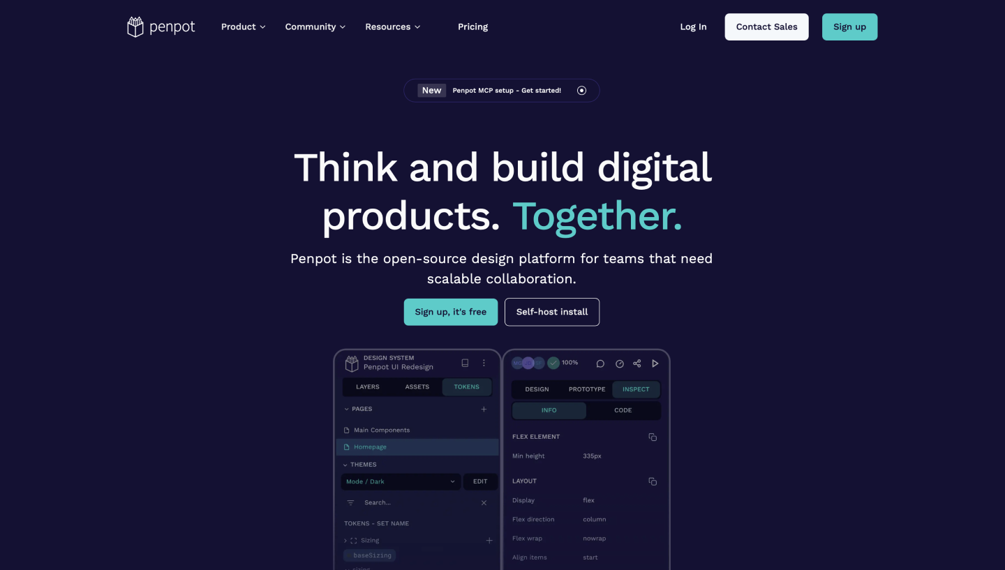 The Penpot homepage for an open-source design platform.