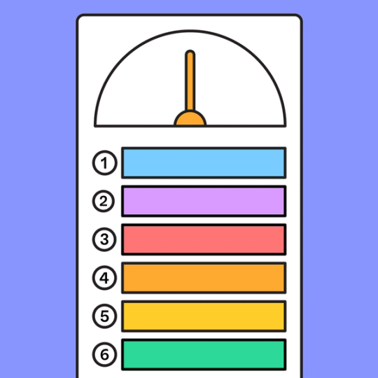 six colorful rectangle in a stack with a meter gauge above them