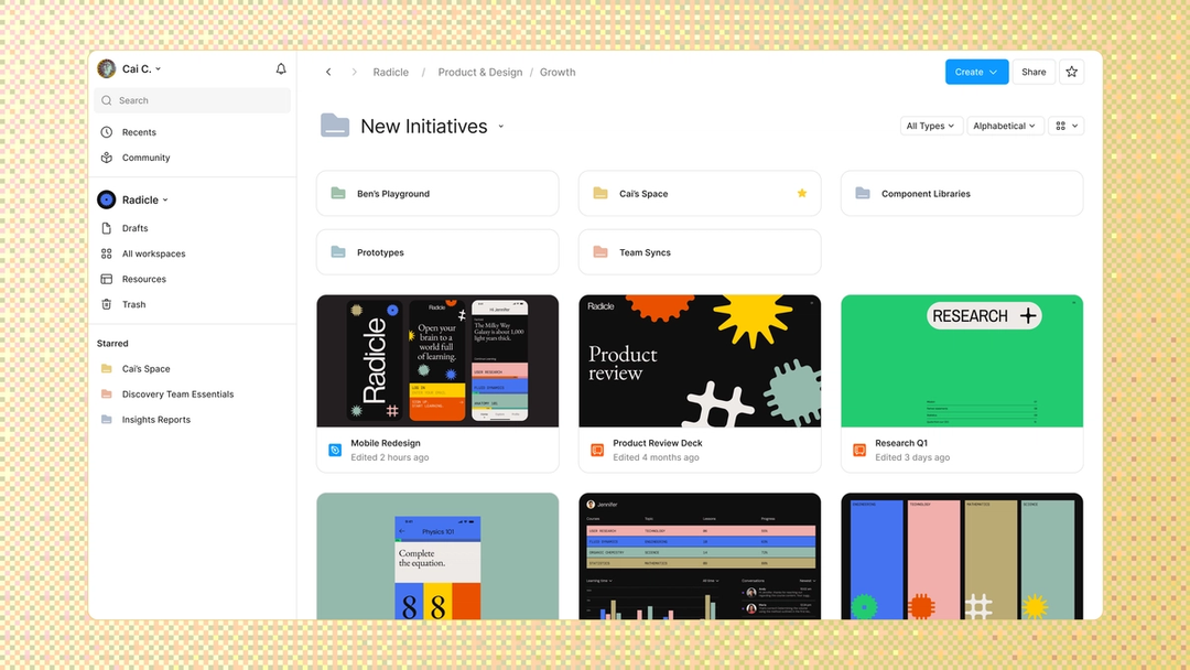 Screenshot of Figma showing a workspace with nested folders, where folders and design files are organized together within a shared project.