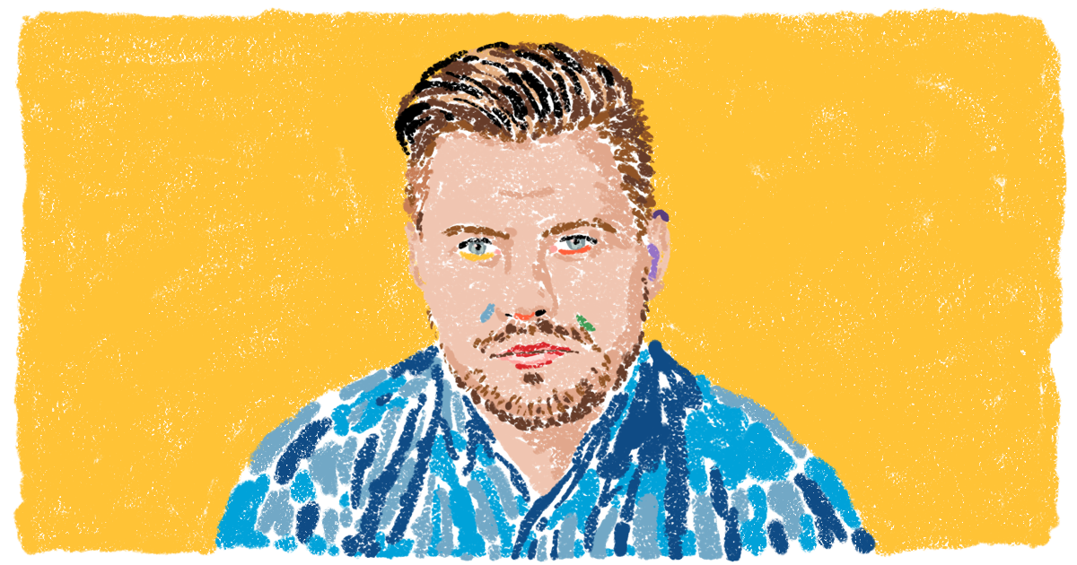 Stylized, textured illustration of a man facing forward, with short dark hair, light facial hair, and a blue shirt, set against a solid yellow background.