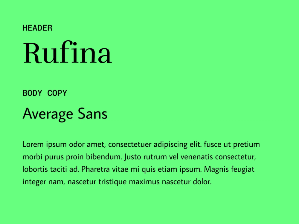 Example text showing Rufina and Average Sans as a font pairing.