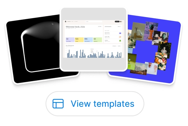Three different product screens. The first is a fuzzy white square outline on a black background. The second is a data dashboard. The third is a collection of lifestyle images arranged in a circle