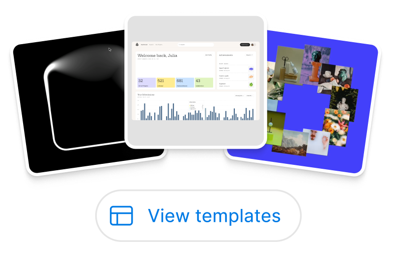 Three different product screens. The first is a fuzzy white square outline on a black background. The second is a data dashboard. The third is a collection of lifestyle images arranged in a circle