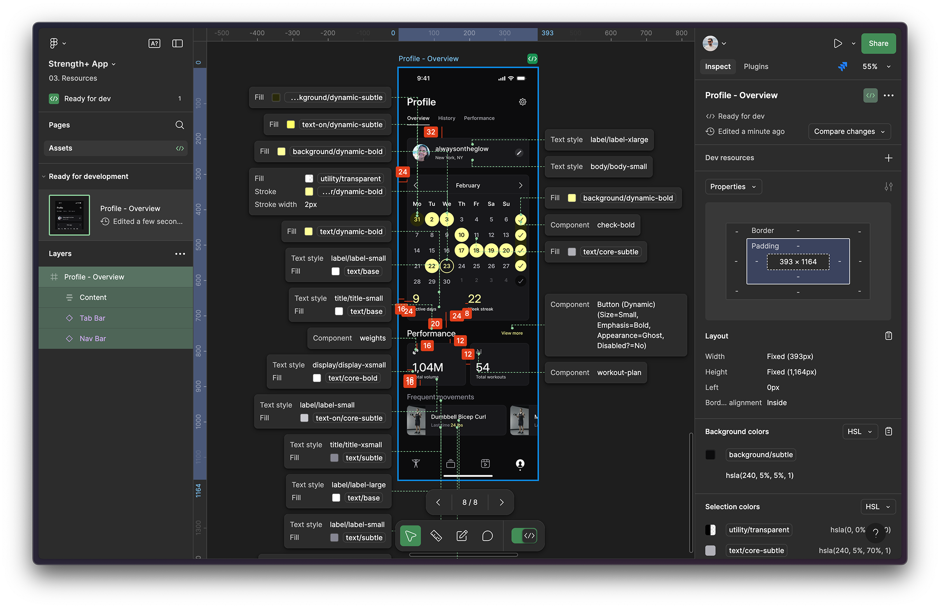 the figma interface with an app screen and an overlay of technical development requirements