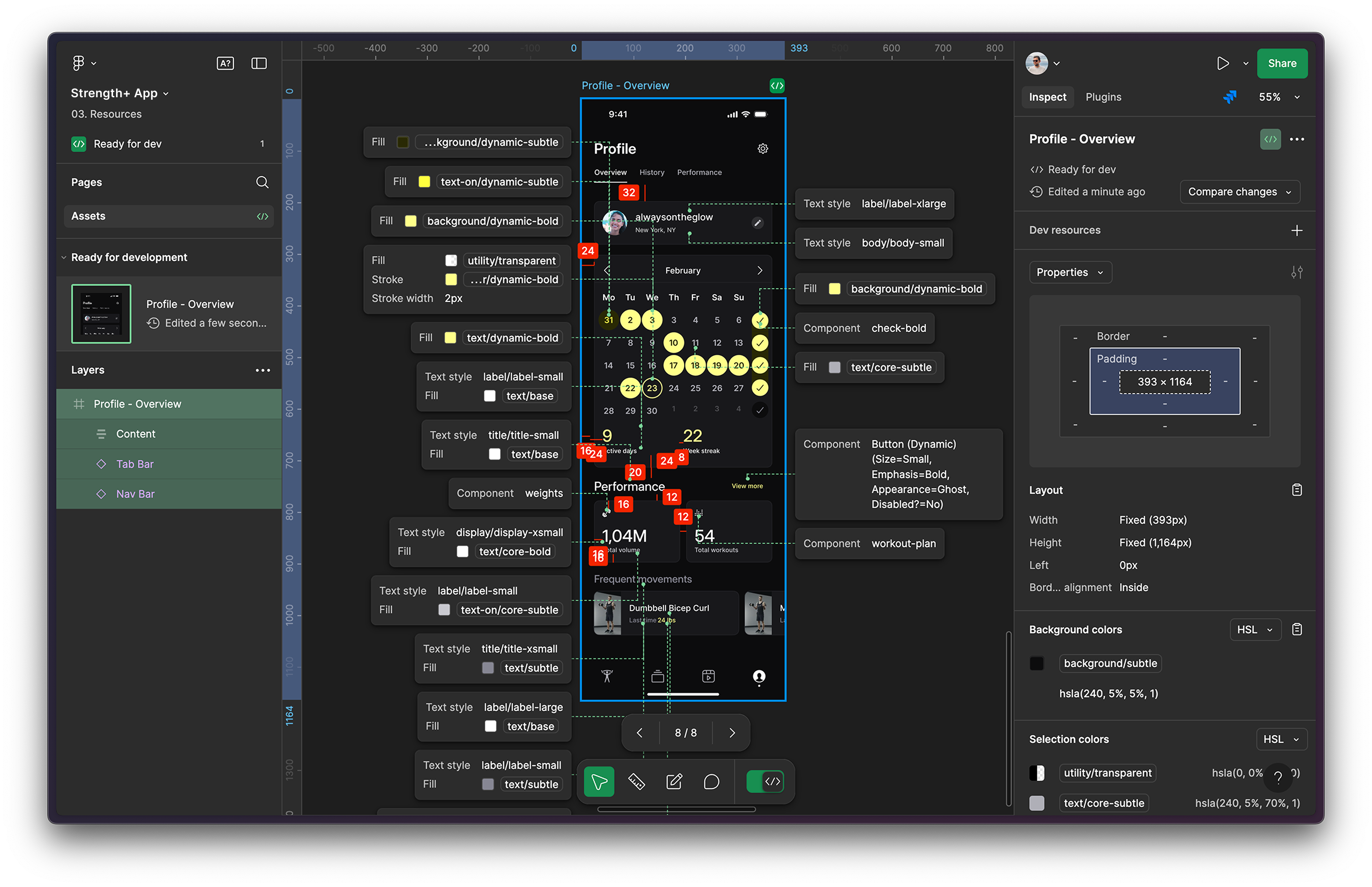 the figma interface with an app screen and an overlay of technical development requirements