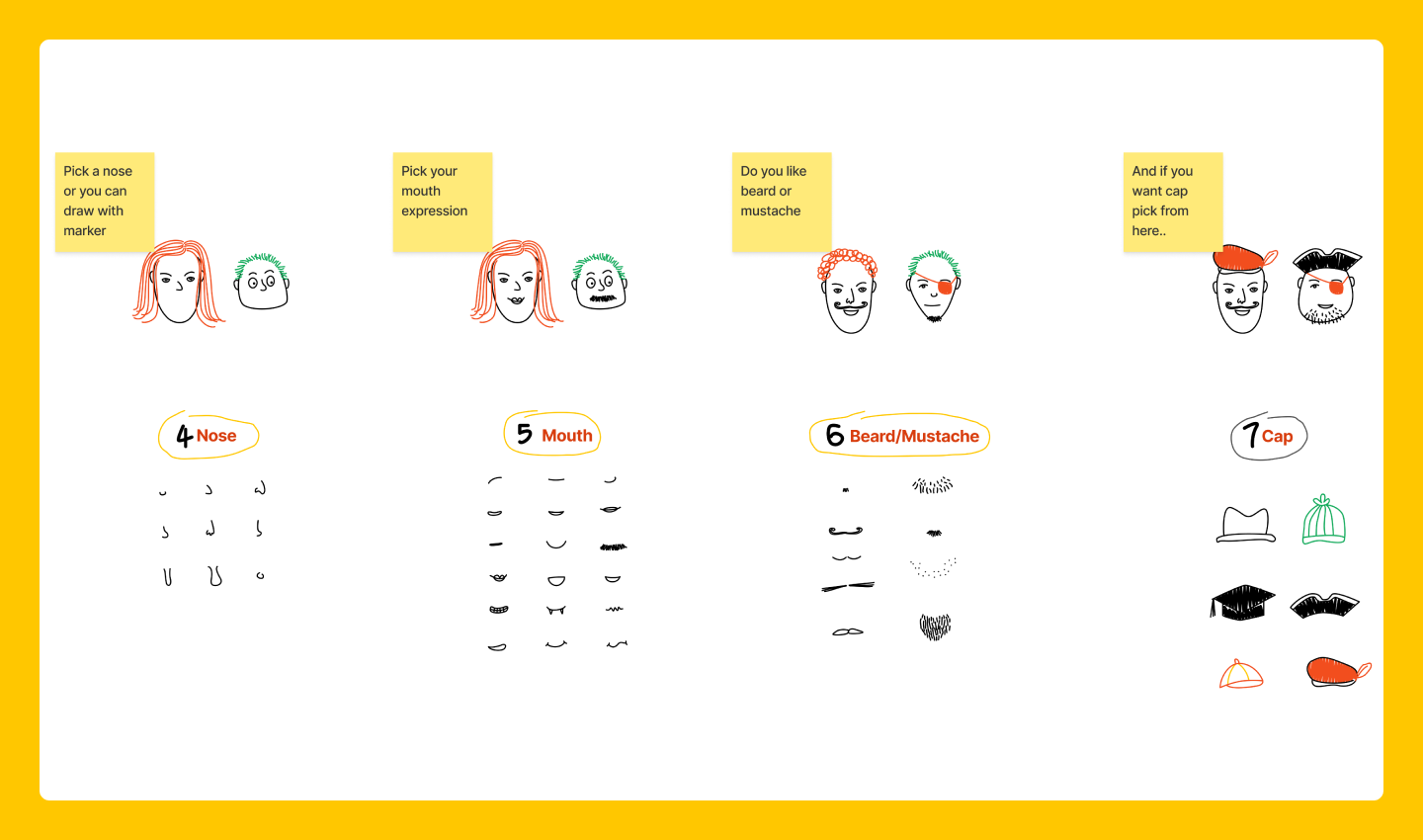 various self portraits with types of noses, mouths, etc. to add