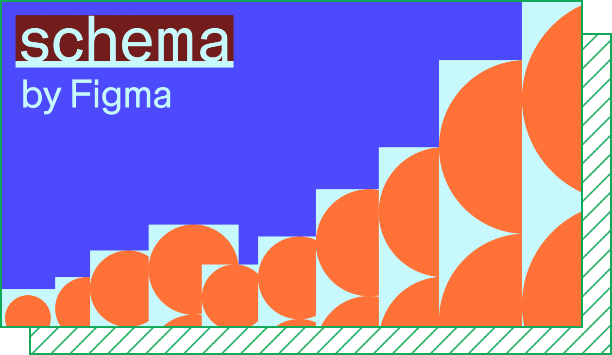 Illustration reading “Schema by Figma” against a blue background with a bottom border of overlapping orange circles in teal rectangular frames