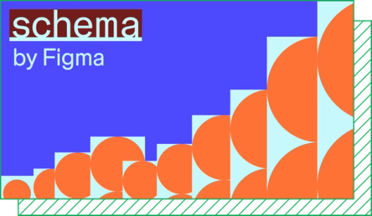 Illustration reading “Schema by Figma” against a blue background with a bottom border of overlapping orange circles in teal rectangular frames