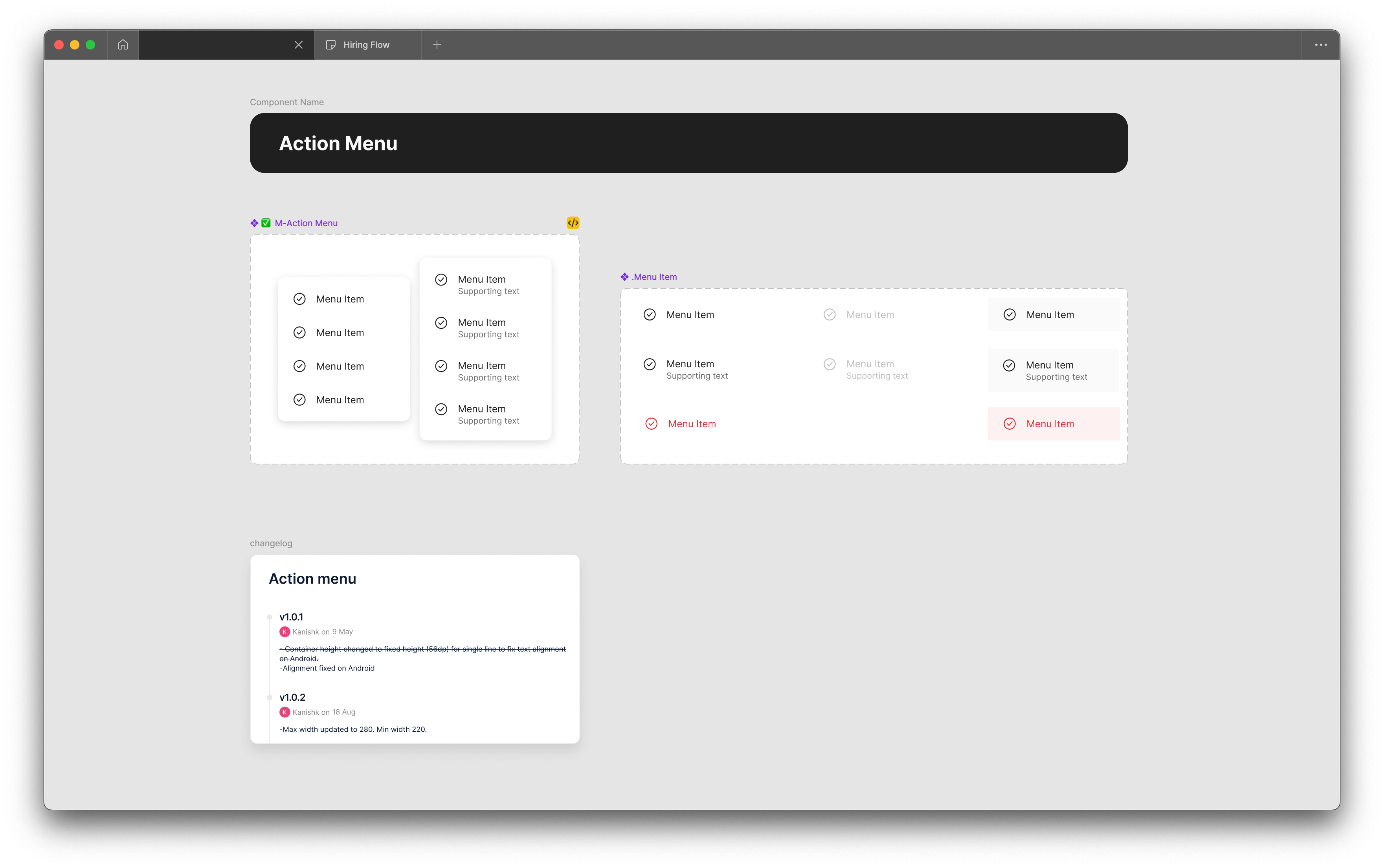 a figma file with four screens outlining options and designs for common actions