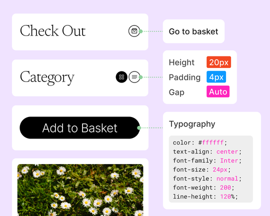 Die Cursor zweier Teamkolleg*innen nutzen Anmerkungen, um Design-Notizen für die Entwicklungsabteilung auf einer E-Commerce-Produktseite festzuhalten.