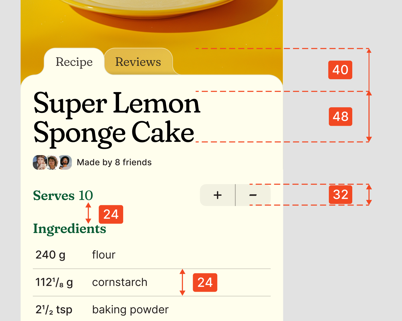 spacing and padding measurements displayed on top of recipe design