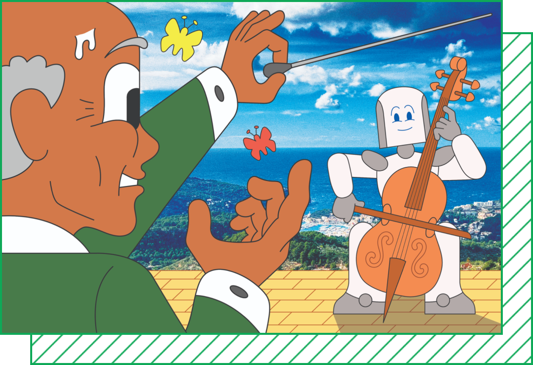  Illustration of a conductor waving a baton at a robot playing the cello with a coastal landscape in the background.
