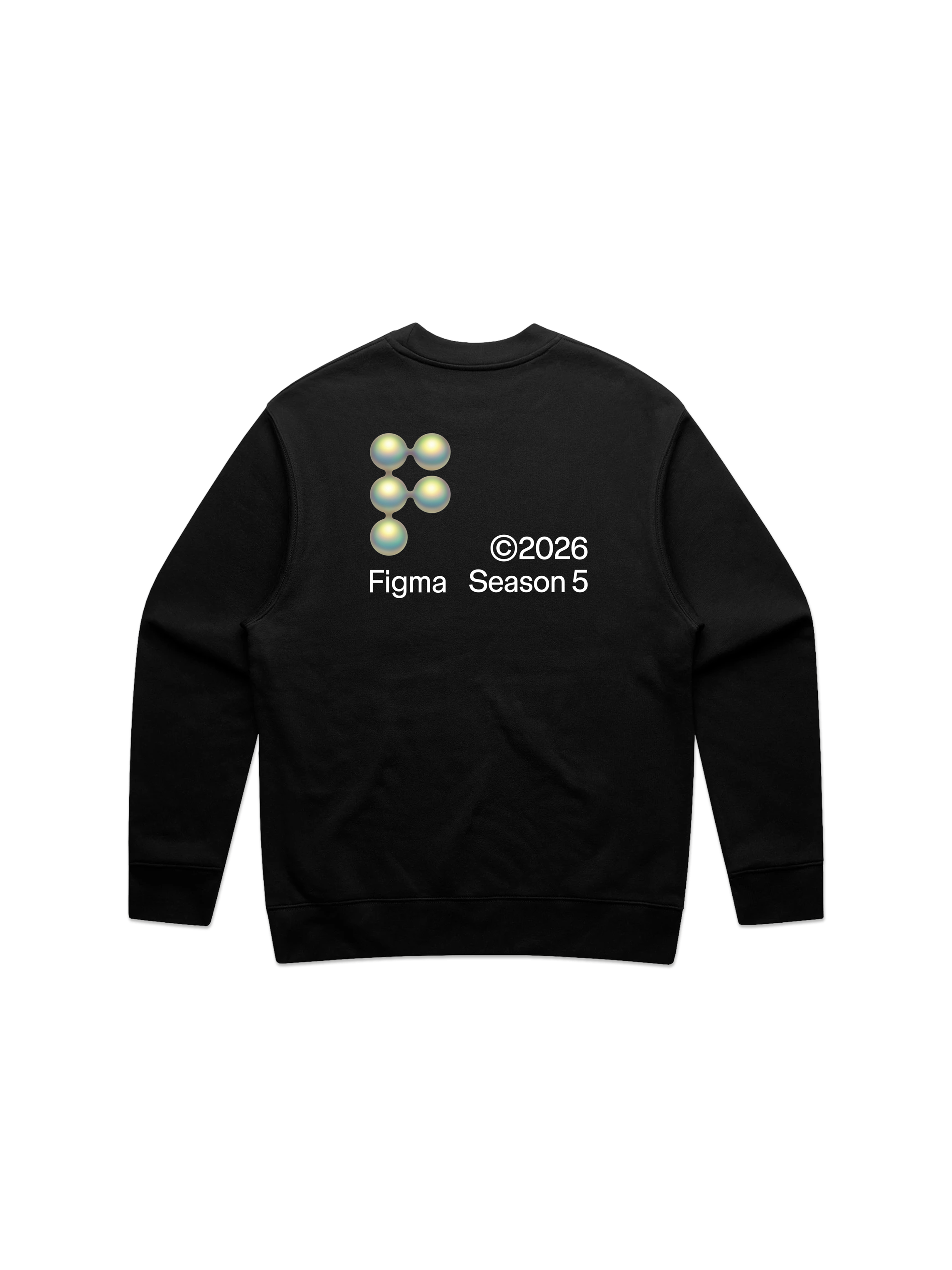 Jaedoo's reimagined Figma logo made of glossy, bulbous spheres on the back of a black crewneck, with "Figma," "©2026," and "Season 5" in white text