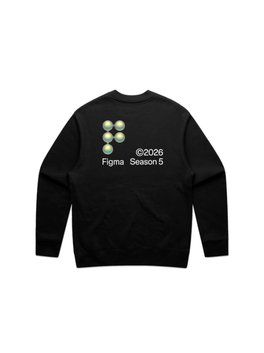 Jaedoo's reimagined Figma logo made of glossy, bulbous spheres on the back of a black crewneck, with "Figma," "©2026," and "Season 5" in white text