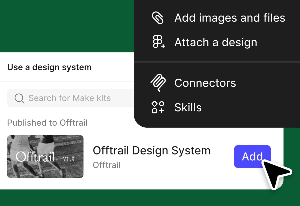 A pop-up window displays available Make kits with a cursor hovering over the "Add" button