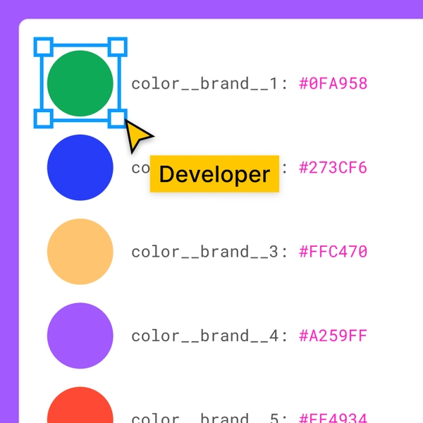 A developer cursor selecting a green circle and viewing hex codes for brand colors in a design system library.