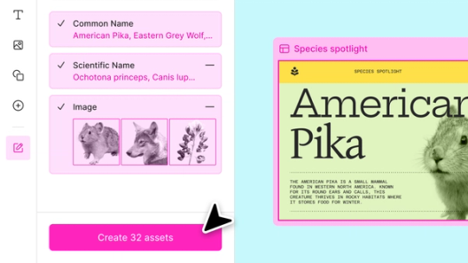 UI screenshot showing an illustrative “species spotlight” card featuring the American pika linked to input fields