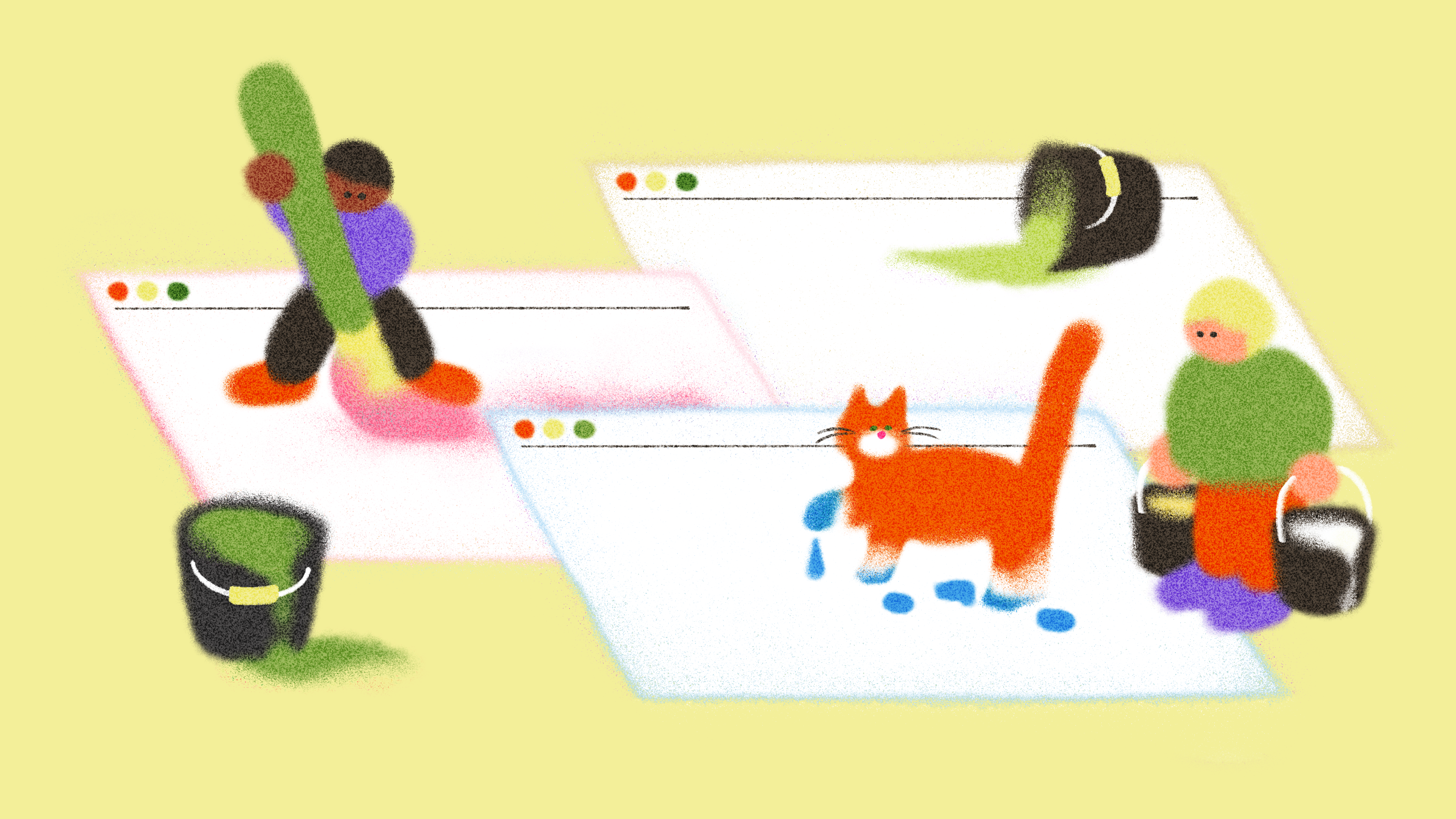 A playful drawing of characters painting on large web browser windows, using oversized brushes. A cat steps in spilled paint, creating paw prints. Vibrant colors and playful details fill the scene.