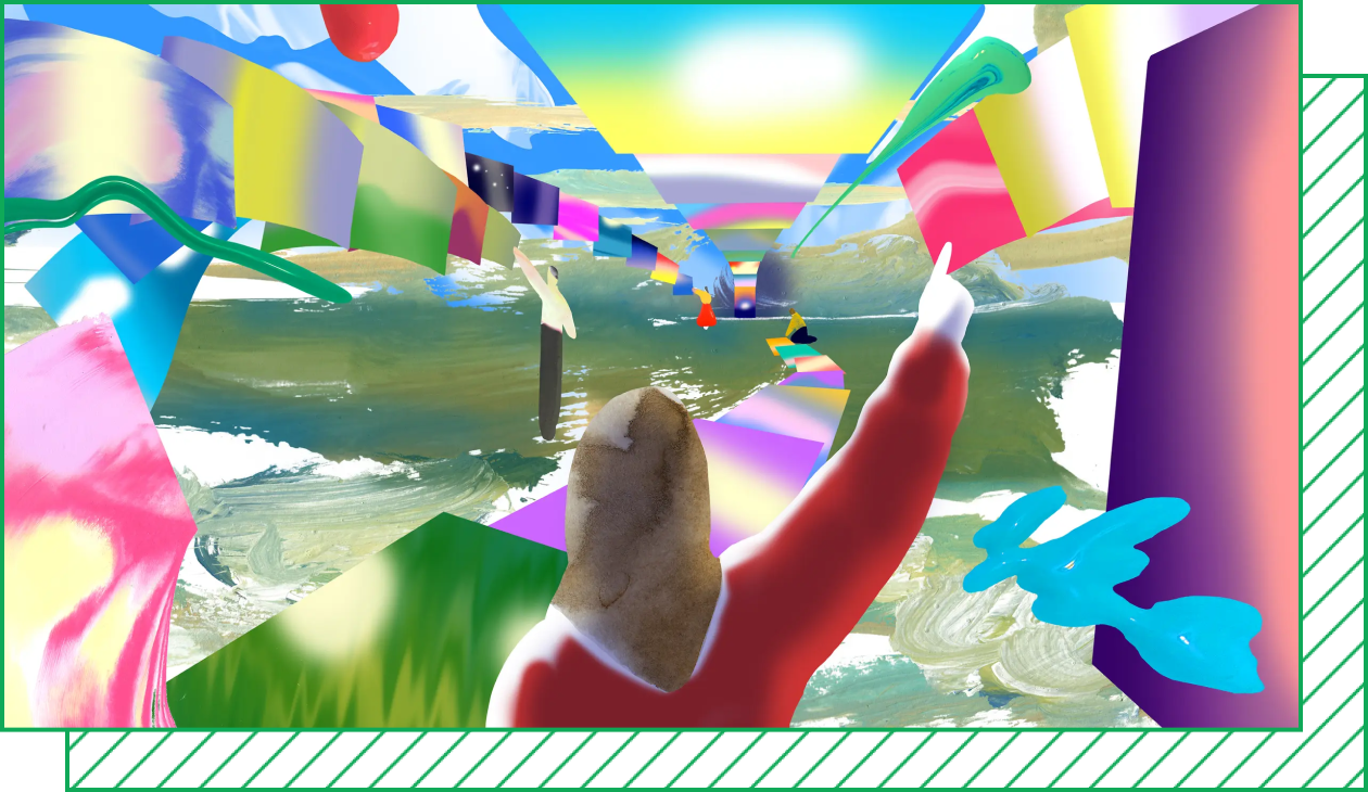 An illustration shows one person waving to another across an abstract landscape of overlapping shapes and colors.