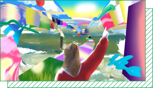 An illustration shows one person waving to another across an abstract landscape of overlapping shapes and colors.