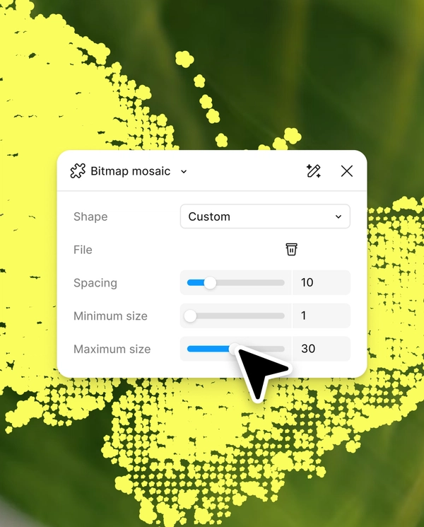 UI over a butterfly bitmap mosaic with optionality to change the spacing and establish minimum and maximum sizes