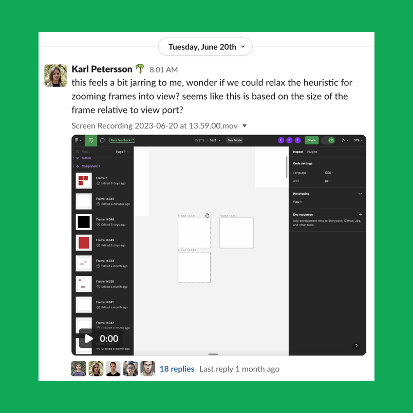 A screenshot of a Slack message offering feedback about Dev Mode