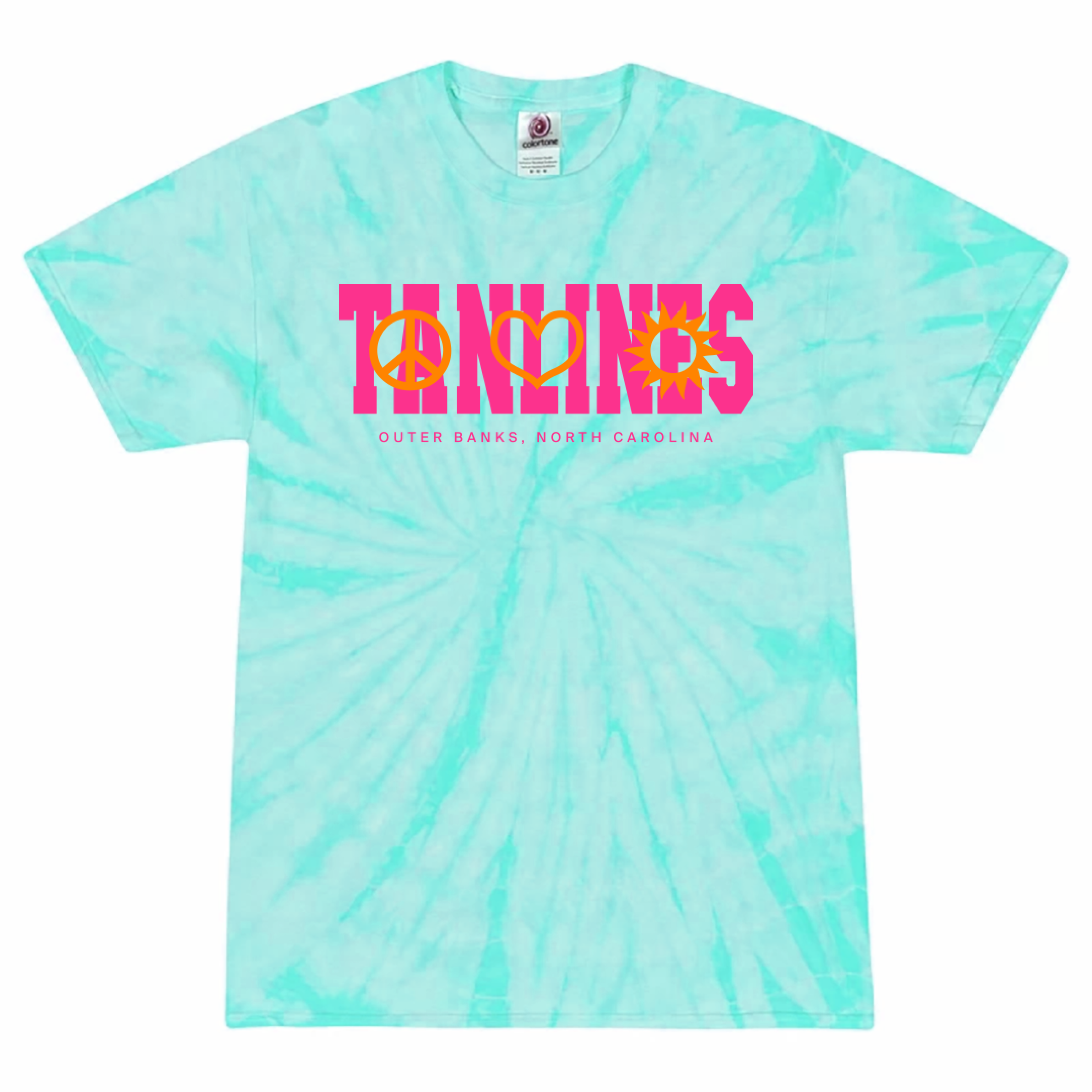 A teal tie-dye T-shirt with the band name Tanlines written across in hot pink letters