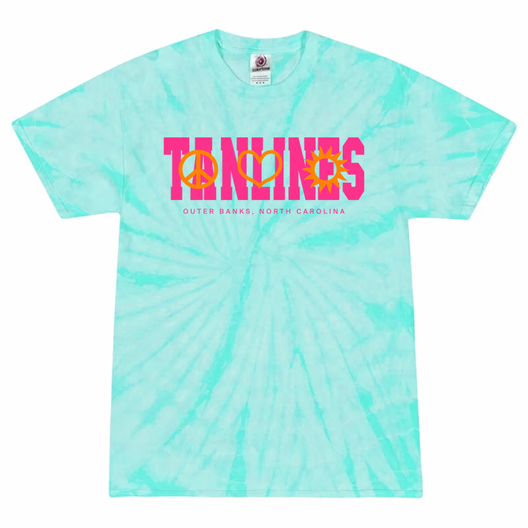 A teal tie-dye T-shirt with the band name Tanlines written across in hot pink letters