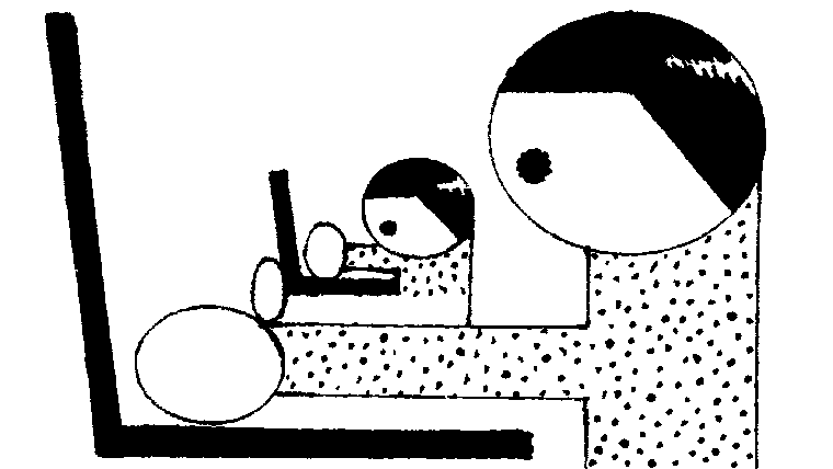 Illustration of a person typing on a laptop while sitting on the arm of a larger person typing