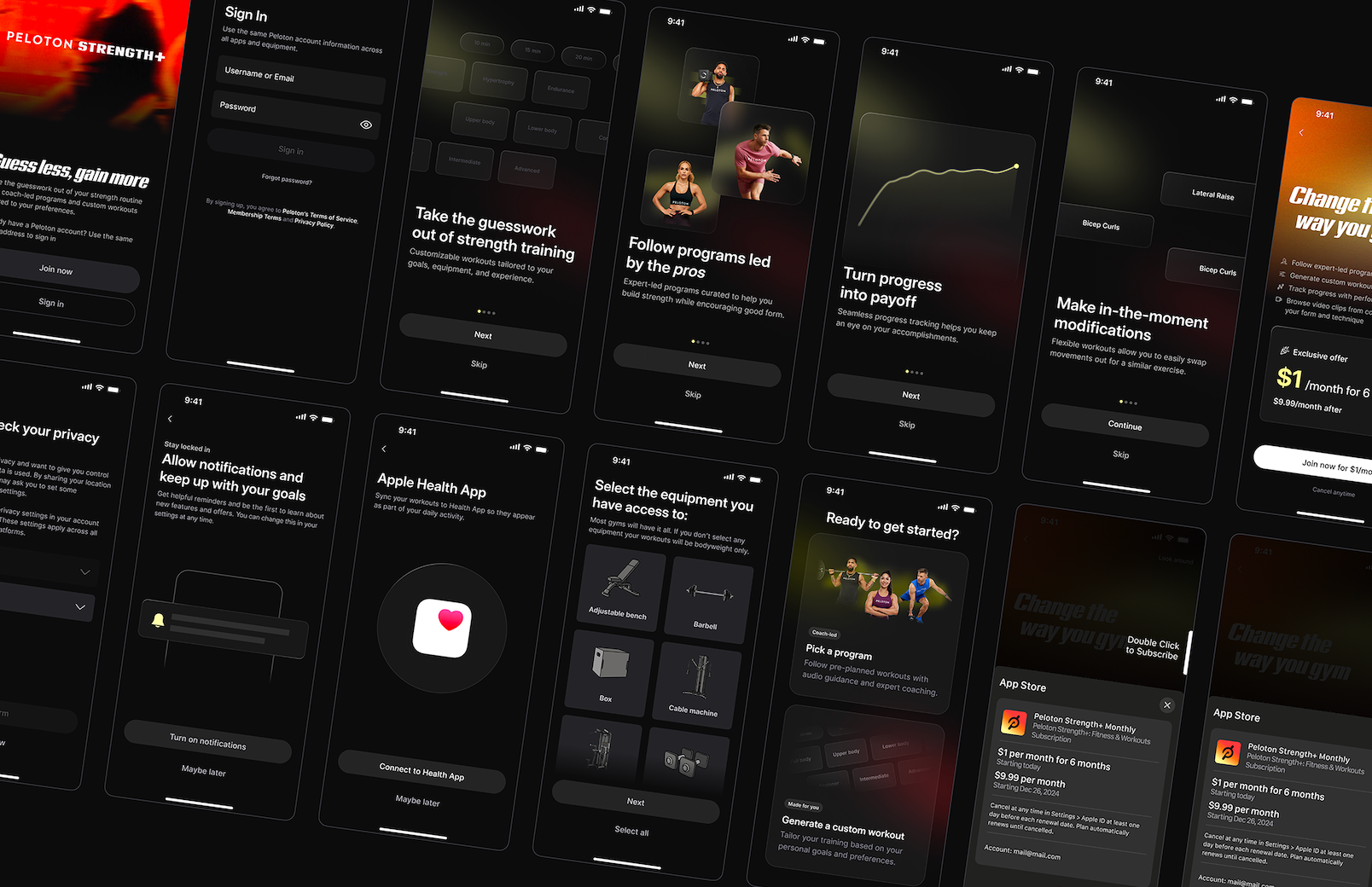 The various screens that make up the Peloton app