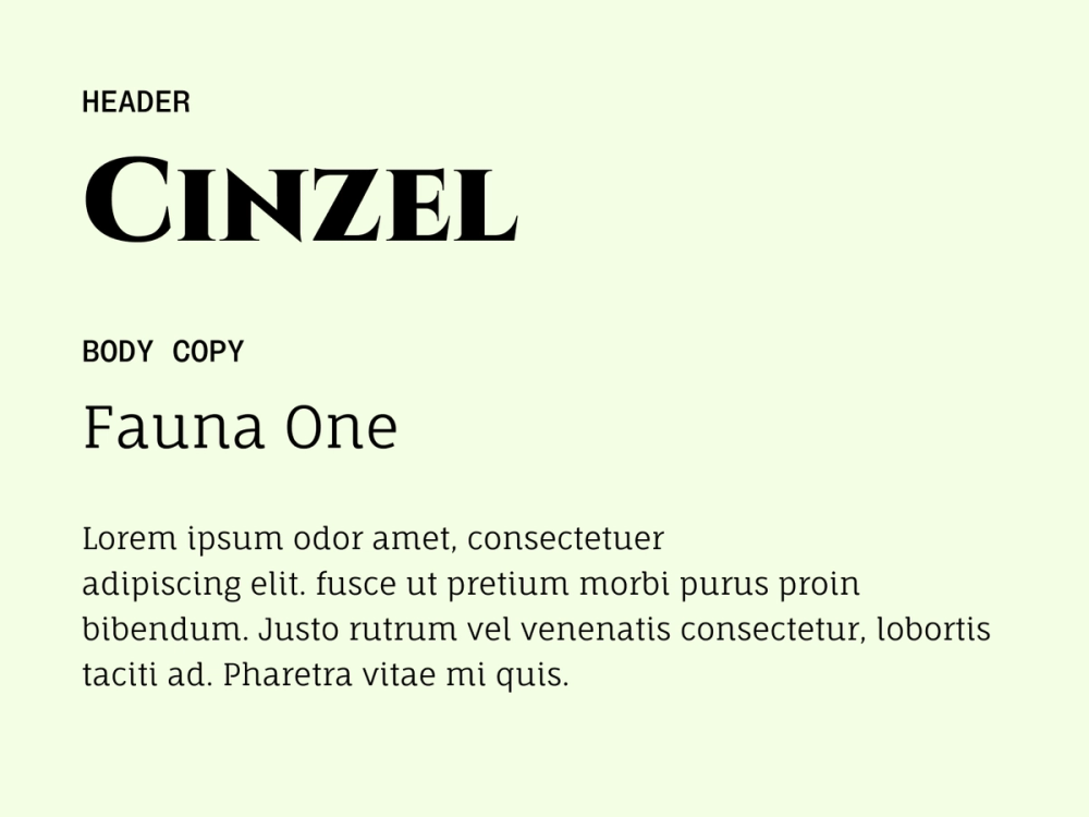 Example text showing Cinzel and Fauna One as a font pairing.