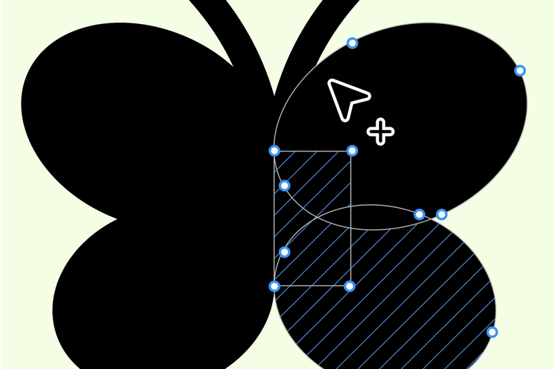 Überlappende schwarze Formen mit unterschiedlichen Geometrien und ausgewählten Knoten erzeugen eine Schmetterlingssilhouette.