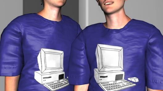 3D render of two people wearing blue T-shirts printed with a line drawing of a desktop computer