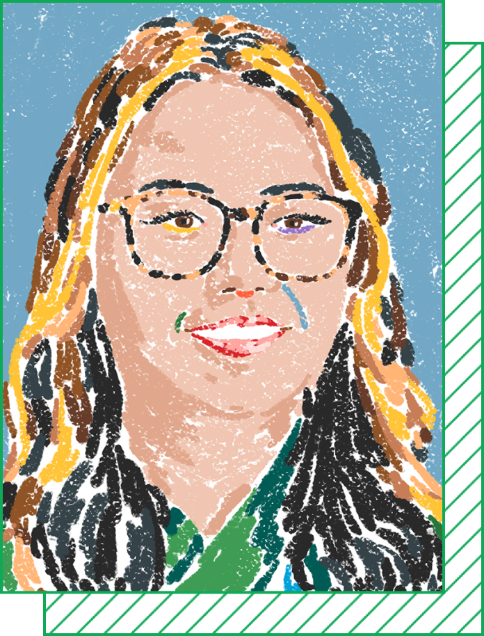 An illustrated portrait shows a smiling woman with long hair and glasses on a blue background.