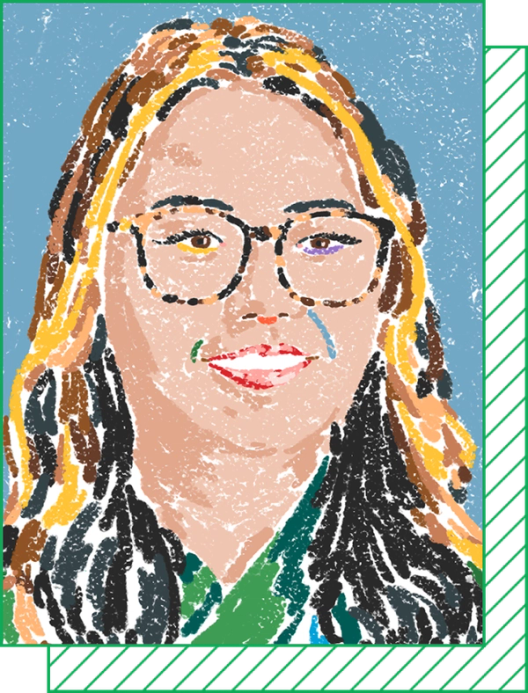 An illustrated portrait shows a smiling woman with long hair and glasses on a blue background.