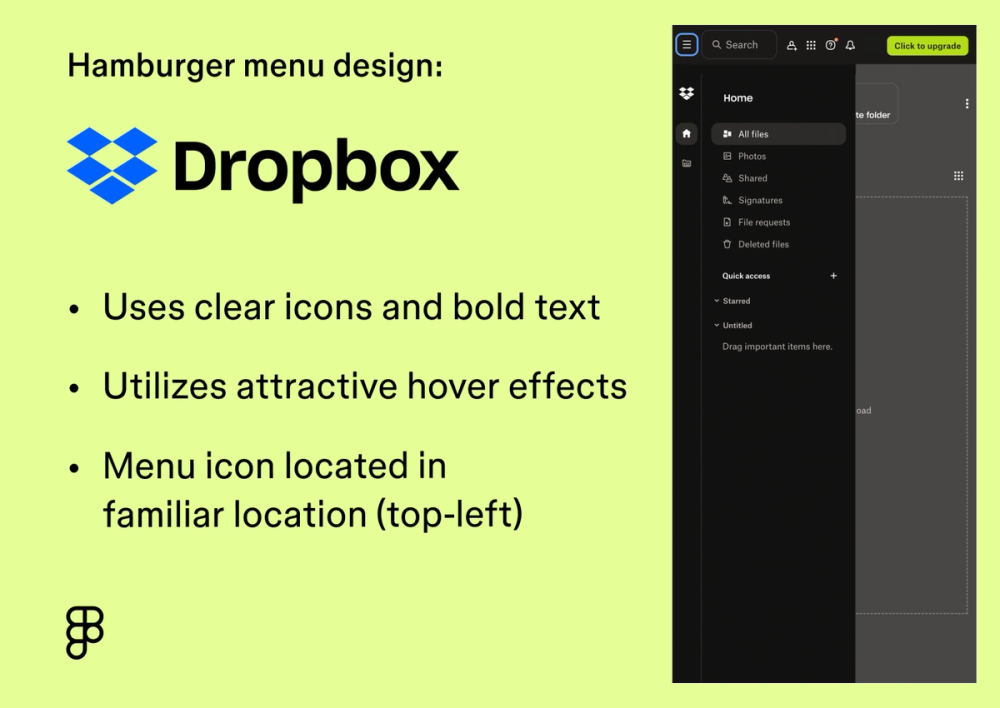 a screenshot of the Dropbox website showing its hamburger menu design.