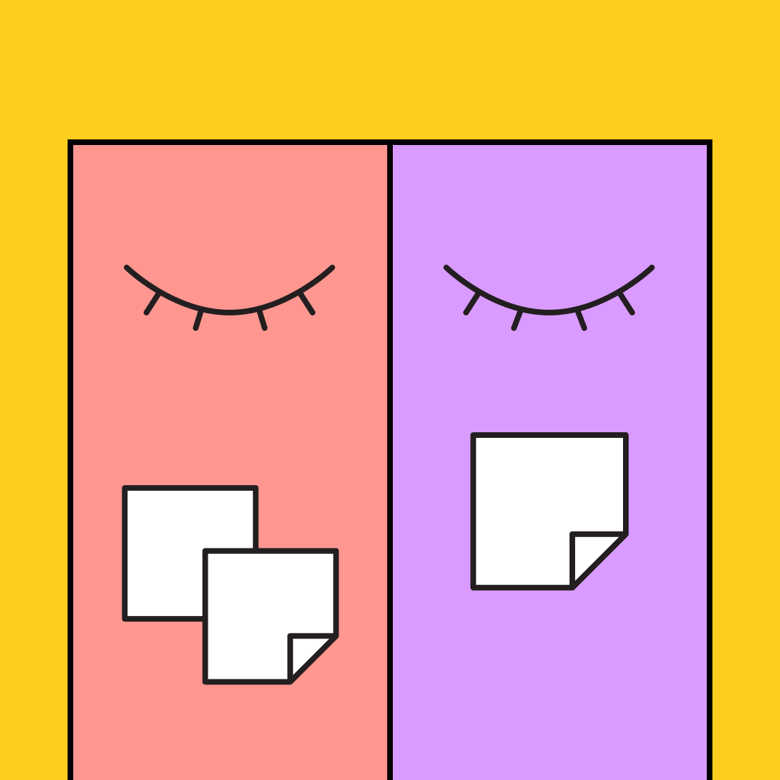 red and purple rectangle with a line down the middle and sticky notes on top