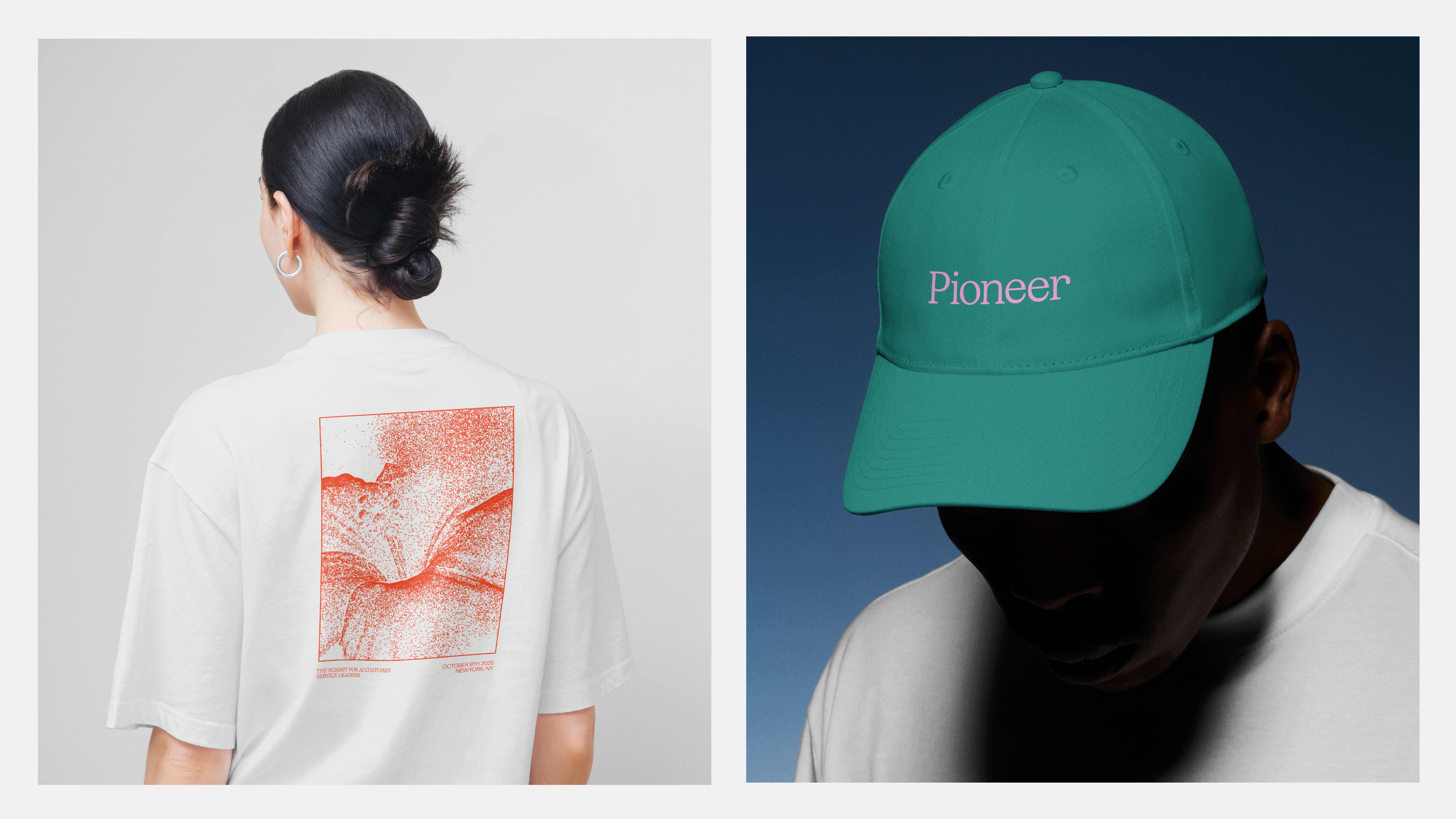 A white T-shirt and green cap sport a red flower design and purple text.