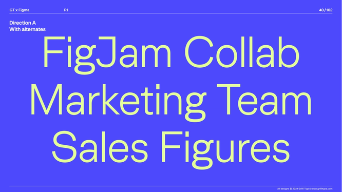 Lime green text on blue background shows direction A: "FigJam Collab, Marketing Team, Sales Figures"