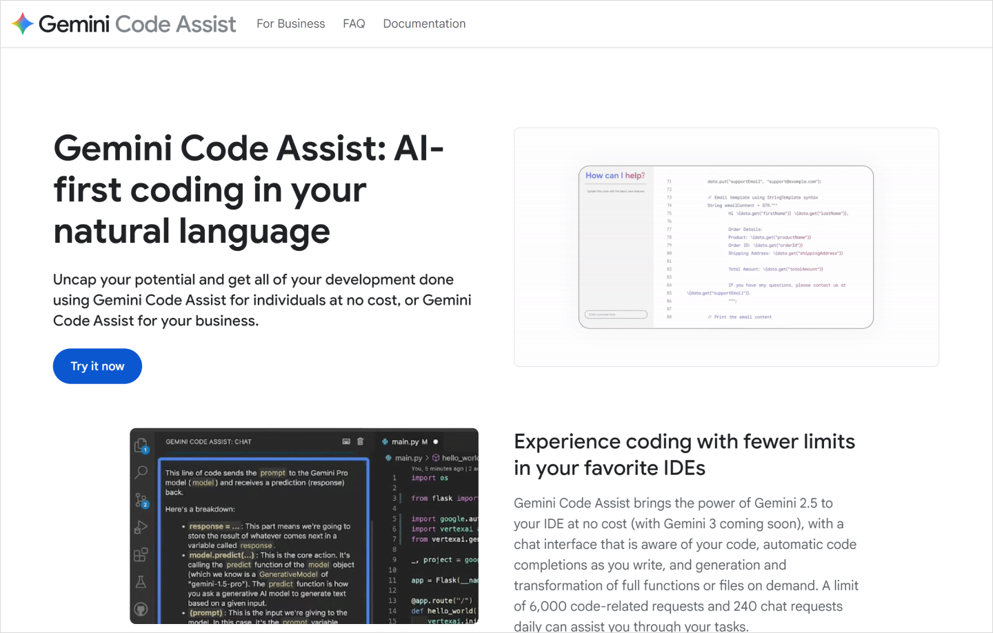 A screenshot of the Gemini Code Assist homepage.