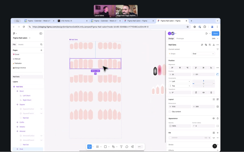A screenshot of a Zoom call shows Laura and Miggi working on the playground file in Figma.