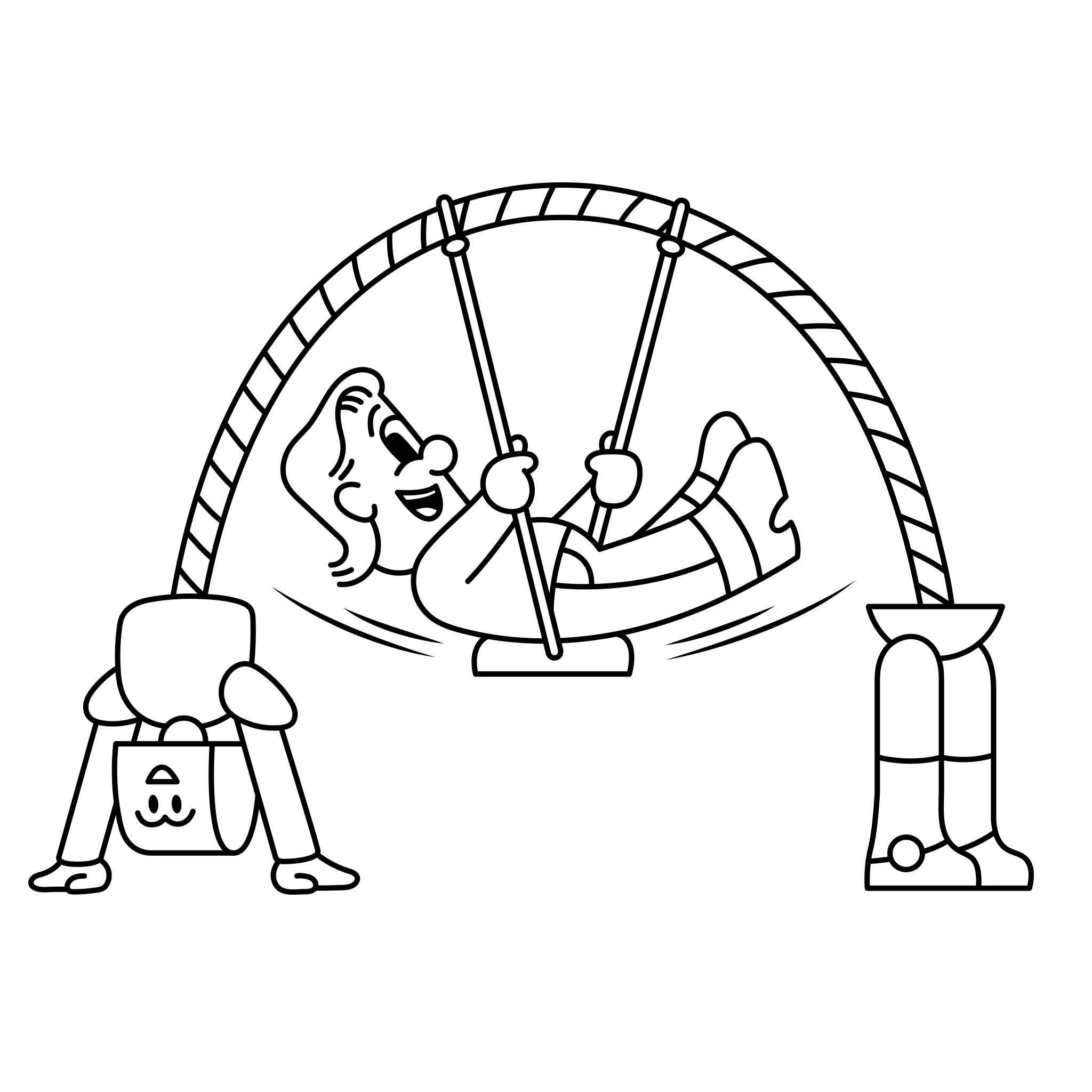 An illustration shows a robot doing a backbend, creating an arch structure that supports someone on a swing.