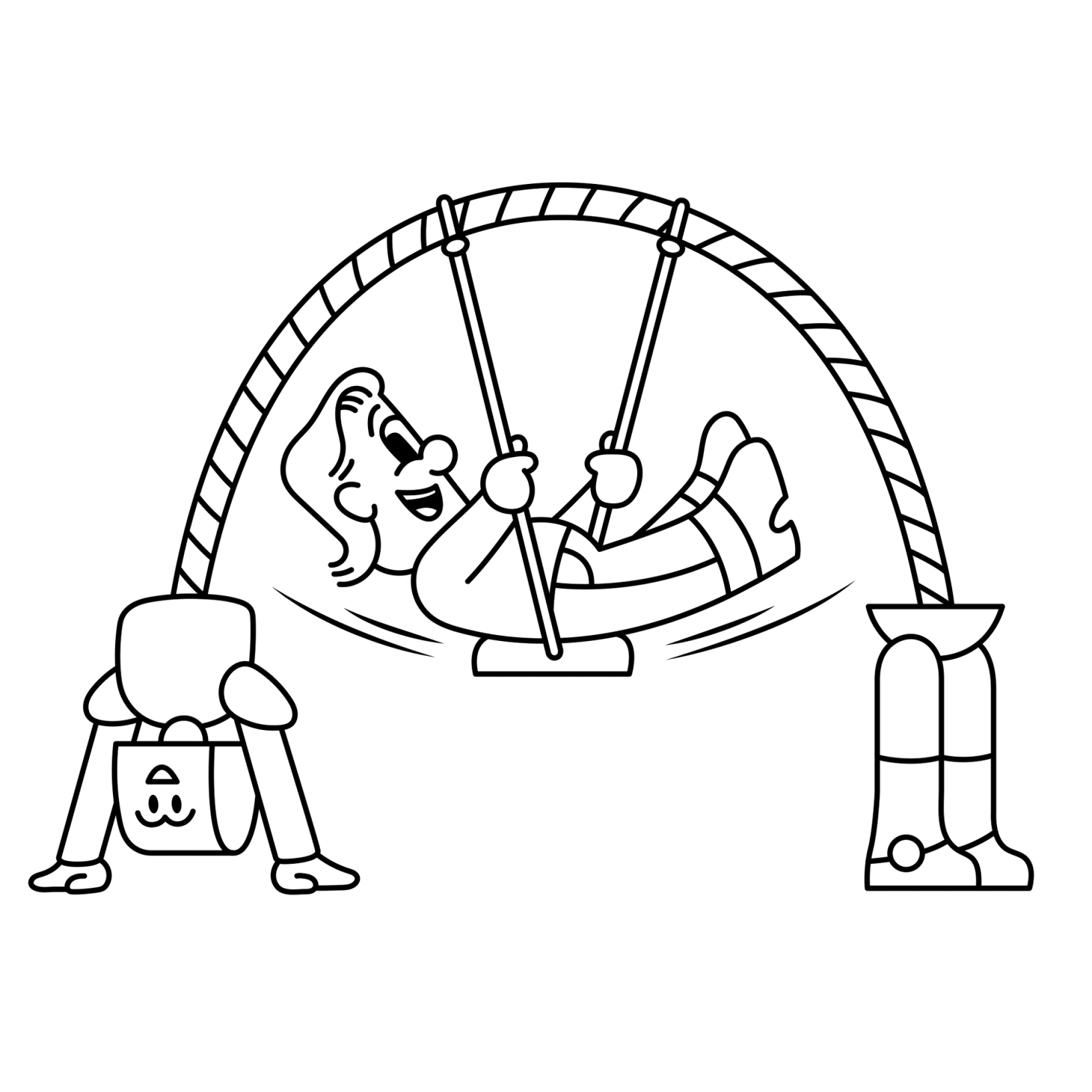 An illustration shows a robot doing a backbend, creating an arch structure that supports someone on a swing.